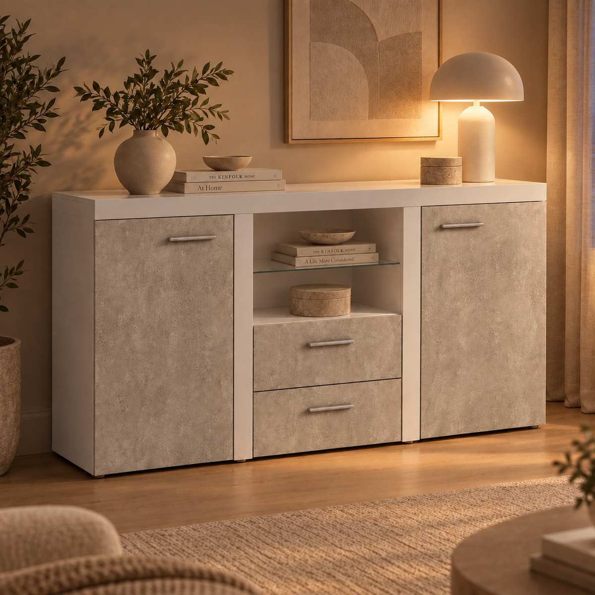 Komoda Rumba BJ20 2F 2S – Beton Jasny / Biały – aranżacja wieczorna